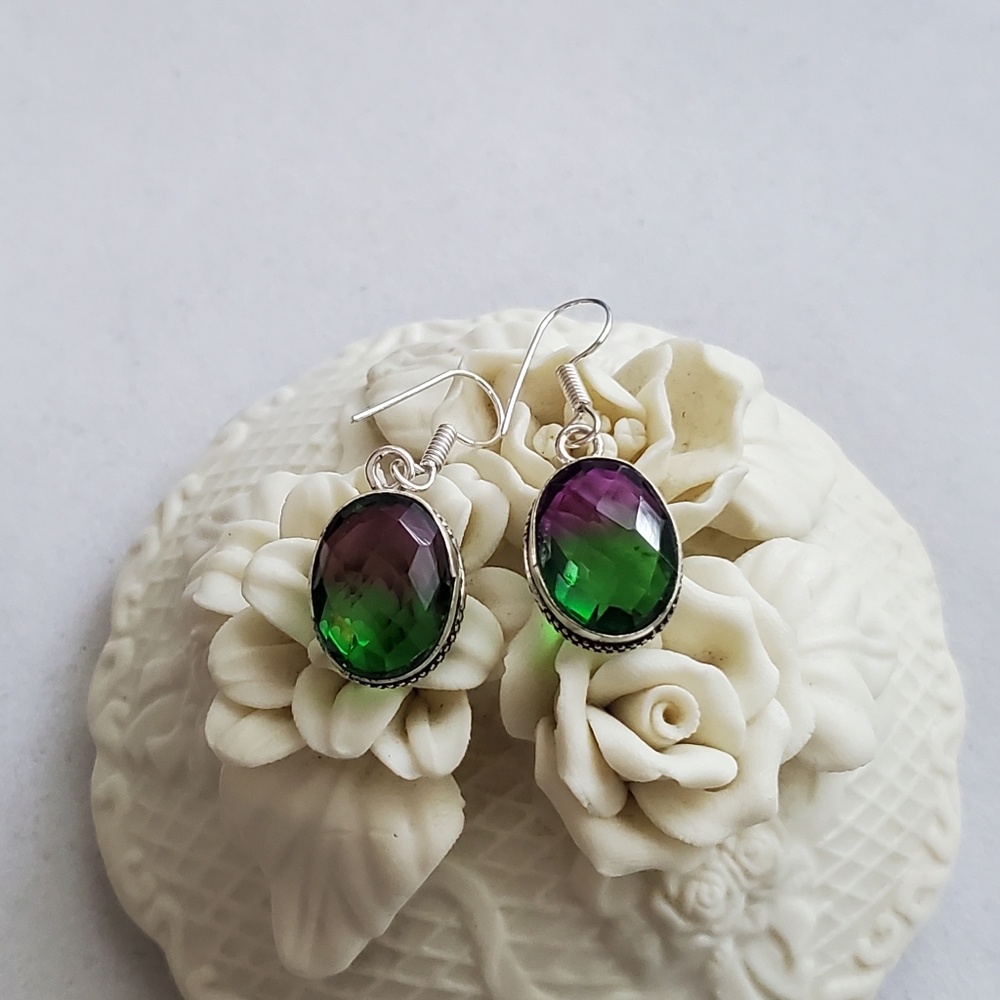 925 Sterling Bi-Color Purple Green Fluorite Earrings NWOT Artisan - Picture 5 of 14